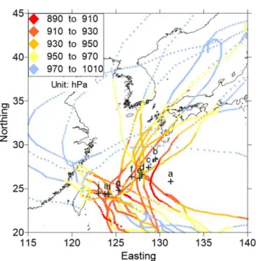 Figure 2. Tracks of the 17 selected tropical cyclones transiting over the ocean. The color differences represent the changes in central pressure