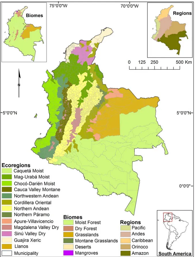 Figure 1. Map of the 13 ecoregions and 1117 municipalities in Colombia. Insert shows the distribution of the six biomes, and the five regions.