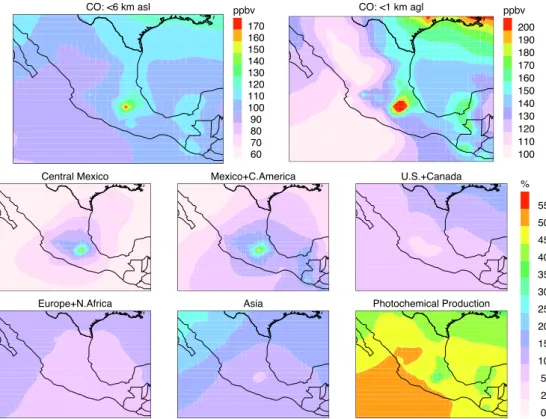 Fig. 7. Top, left: CO averaged for 1–31 March 2006 over the tropospheric column (surface to 6 km, or 400 hPa, a.s.l.); top right: same, averaged over the lowest km above the surface