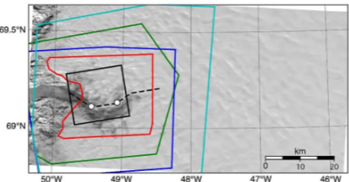 Fig. 1. Model domain (entire area shown) with MODIS image for reference (single pass MODIS image, spring 2001, courtesy of M