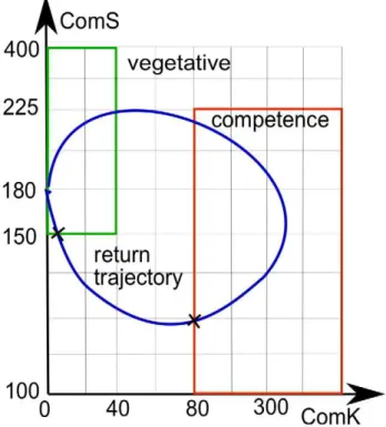 Figure 2. Return time for a sample trajectory. This figure shows how the regions were divided to compute the expected value of the time for which the cell remains in competence