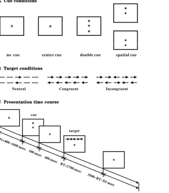 Figure 1. Experimental paradigm of the Attention Network Test. (A) The 4 cue conditions