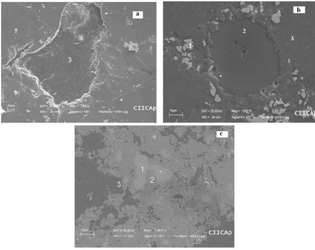 Fig. 5 Electron micrographs of  ceramics obtained from 80 wt.% SiC + 20 wt.% (Si + Mo)  mixture (a), 50 wt.% SiC + 50 wt.% (Si + Mo) mixture (b), and 20 wt.% SiC + 80 wt.% (Si +  Mo) mixture (c)