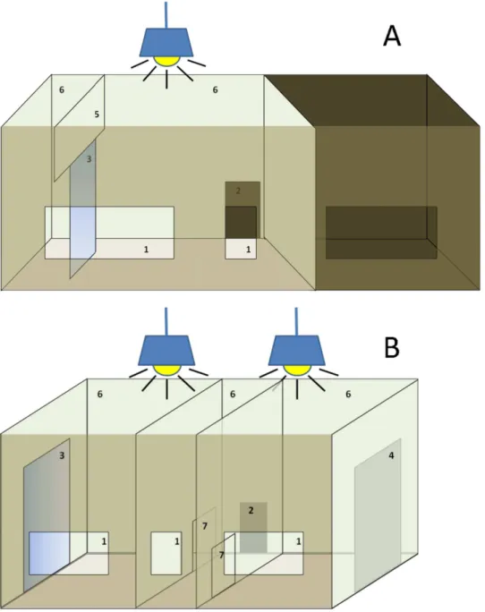 Figure 1. Diagrams of the box used in the experimental sessions. (A) The non-compartmentalized experimental box, (B) the compartmentalized experimental box (see text for a detailed description)