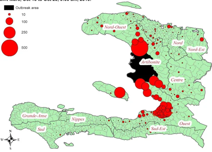 Figure 5. Average daily numbers of SIMs moving out of the cholera outbreak area. October 15 to October 23, 2010, divided per communal section of destination