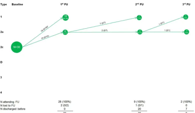Figure 3.  Development of type 2c hips on person level a .   a  If a child had hips with different morphologies, the worse hip counted (N=number of children);  b  Numbers in brackets: (X/Y) X=control, Y=treat