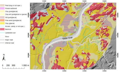 Figure 1. Landslide scarp map and Quaternary deposit map at 1 : 50 000 for a subregion of the Göta Älv valley.