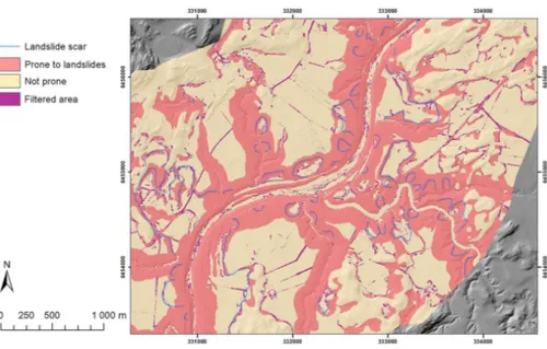 Figure 5. Area prone to landslides map obtained using 1 : 10 as cross-sectional angle thresh- thresh-olds for the best case scenario soil class