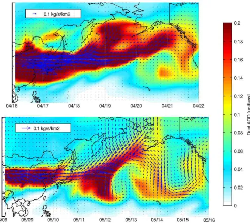 Fig. 4. Transport pathways of East Asian dust plumes. Both panels show the simulated dust component of aerosol optical depth sampled at the dates shown, approximately following plume flow between simulated emission and observation at Whistler Peak