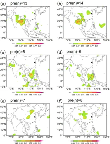 Figure 9. Spatial correlation between daily δ 18 O in precipitation and OLR at n days prior to the rainfall date