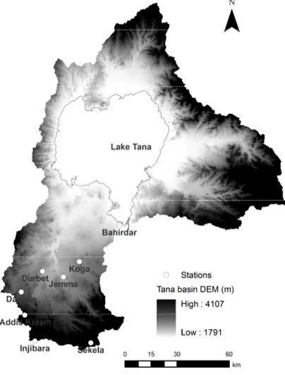 Fig. 1. The Lake Tana basin area and the location of the rain gauge stations.