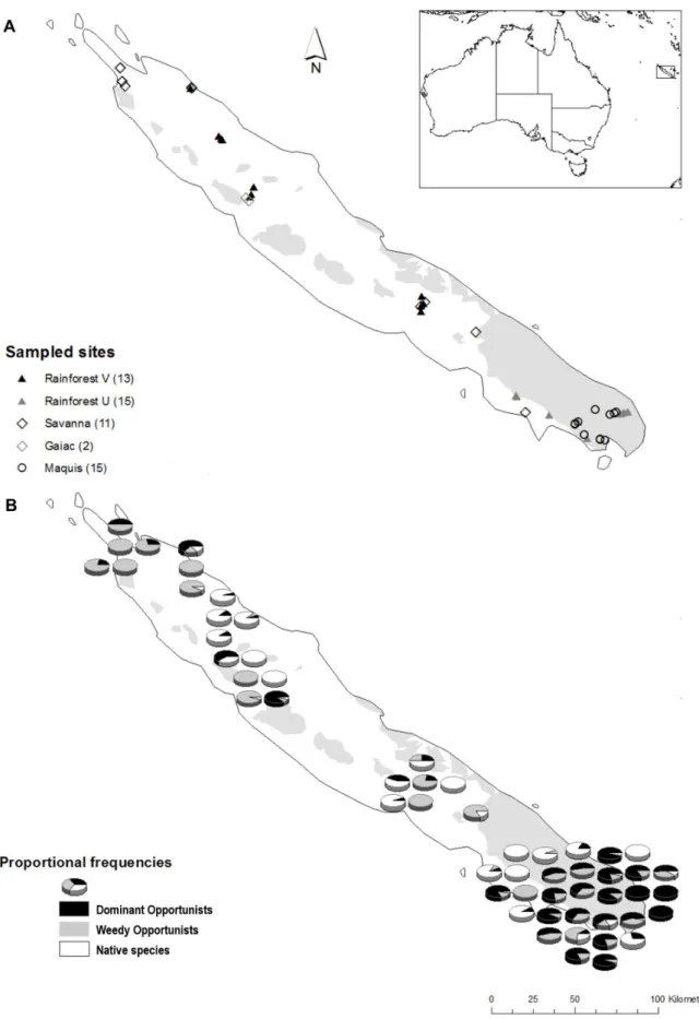 Figure 1. Distribution maps of sampling sites and species collected in New Caledonia. Location of sampling sites in relation to habitat and substrate type (white areas: volcano-sedimentary V; shaded areas: ultramafic U) (a), and proportional frequency (as 