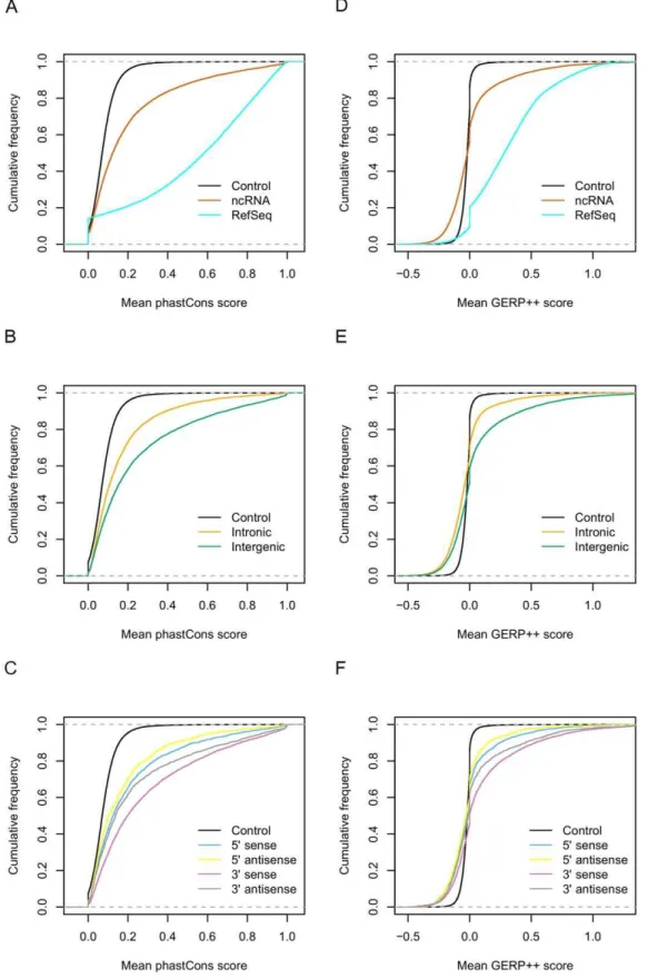 Figure 7. Sequence conservation analysis of ncRNAs. (A, B &amp; C) are based on phastCons score