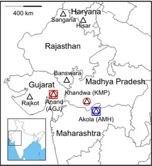 Figure 1. Sampling locations for pink bollworm field popula- popula-tions in India. We screened DNA of 425 pink bollworm collected from all seven sites for cadherin resistance alleles r1, r2, and r3 (triangles)