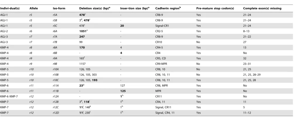 Table 1. Nineteen transcript isoforms of eight disrupted cadherin alleles in seven pink bollworm larvae from two populations in India: Anand, Gujarat (AGJ) and Khandwa, Madhya Pradesh (KMP).