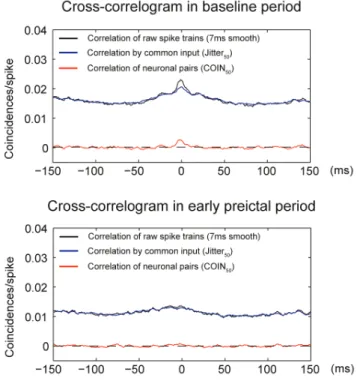 Figure 5. Cross-correlation histograms show coincident firing of a sample pair of neurons from one SE rat between the baseline period and early preictal period