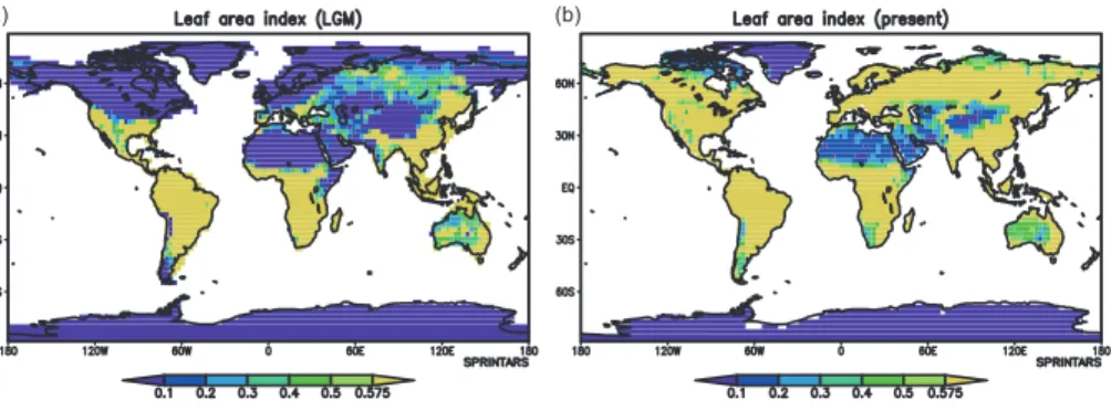 Fig. 2. Annual mean distributions of the leaf area index in the (a) LGM and (b) PRE.