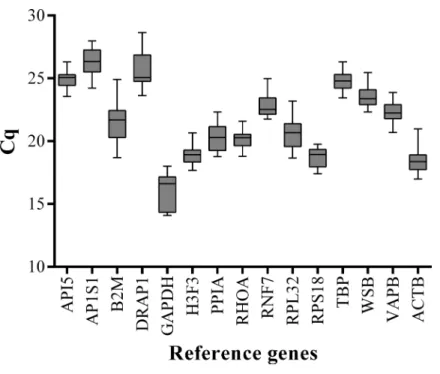 Figure 1 Box-and-whisker plot displaying the range of Cq values for each reference gene