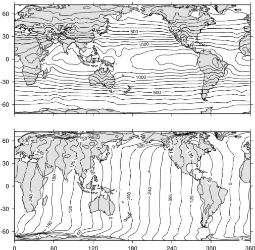 Fig. 7. Amplitude (µb) and Greenwich phase lags (degrees) of the S 2 (p) tide, as in Fig