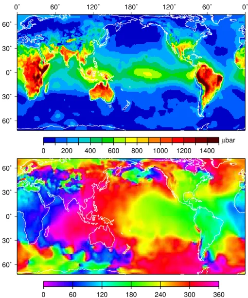 Fig. 8. Amplitude and Greenwich phase lags of the S 1 (p) tide, as deduced from ECMWF surface pressures.