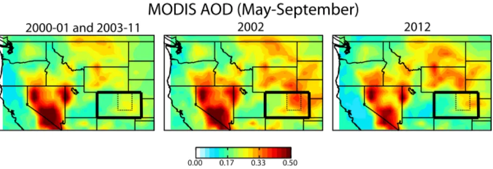 Fig. 2. Average MODIS AOD over the western US for the fire seasons (May–September) of 2000–2001/2003–2011, 2002 and 2012