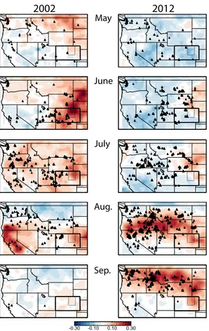 Fig. 4. Monthly MODIS AOD anomalies for the fire seasons of 2002 and 2012. The state of Colorado (thick solid lines) and the Colorado Front Range corridor (dotted lines) are highlighted;
