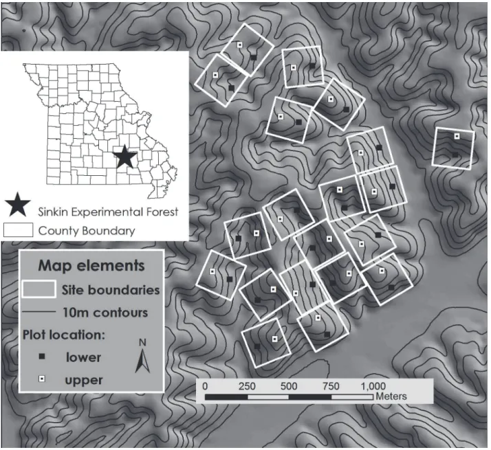 Fig 1. Location of study site in Dent County, Missouri, USA (inset) and relief map of 20 experimental units that were surveyed for red-backed salamanders from spring 2010 — fall 2012.