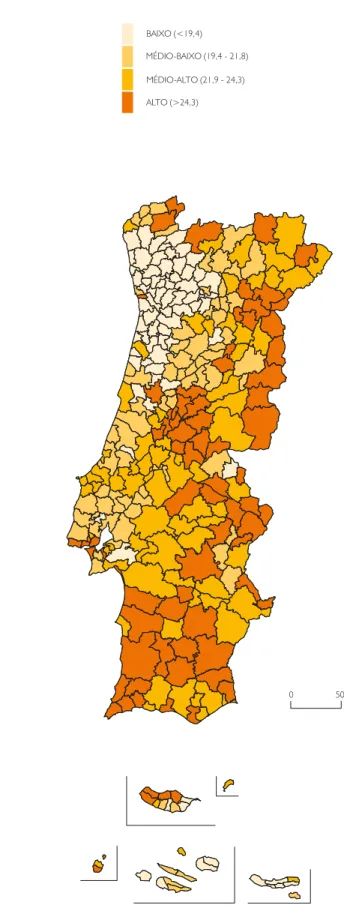 Figura 5.4  Agregados unipessoais, por município,  2011 (%) Fonte: Cálculos próprios sobre os dados do Recenseamento Geral da População, 2011.