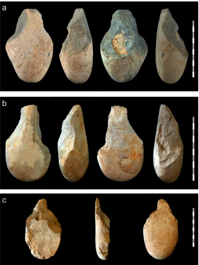 Fig. 7. Bifacial shaped tools (I). a: Shaping sequence 1; b: Shaping sequence 2; c: Shaping sequence 3