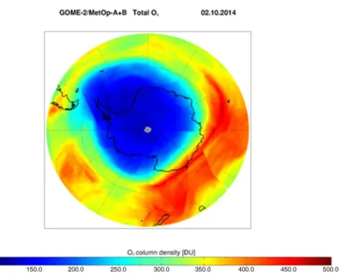 Figure 2. Total ozone map for 2 October 2014 based on data from GOME-2A and GOME-2B instruments.