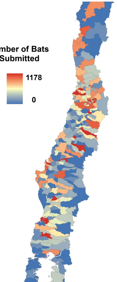 Figure 2. Bats submitted by municipality since 1985 to 2011. Sampling intensity of Tadarida brasiliensis bats by municipality, used as the sampling bias grid in Maxent analyses.