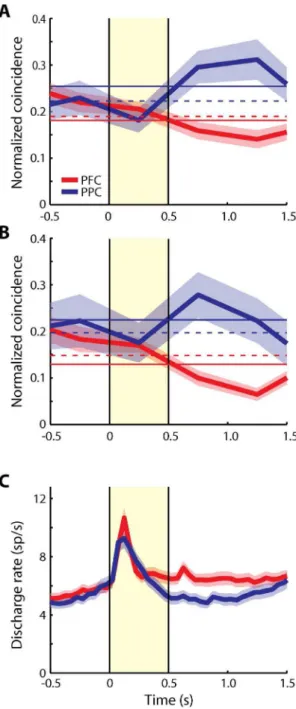 Figure 3. Time course of average effective connectivity. A) Average normalized coincident spikes occurring within the center bin of PSCCHs are plotted for the dlPFC (red) and the PPC (blue)
