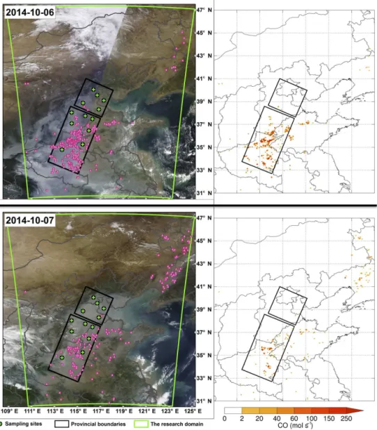 Figure 3. CFB captured by MODIS with the background of MODIS real-time true color map (left) and related CO emission (right) on 6 and 7 October.