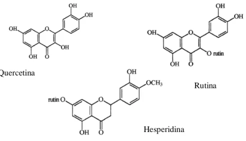 Figura 5. Estruturas dos compostos: quercetina, rutina e hesperidina ( Guardia et al., 2001)