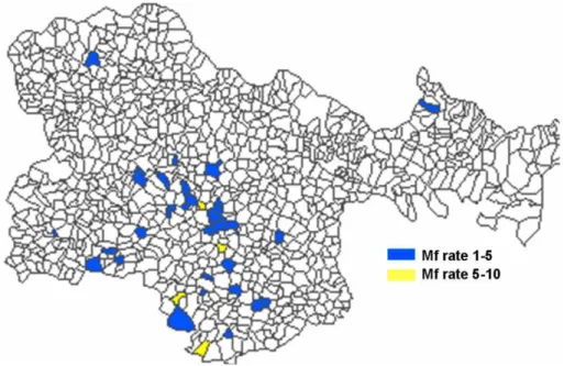 Figure 1. Distribution of microfilaremia prevalence in villages of Karimnagar district of Andhra Pradesh, India.