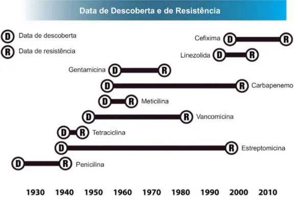 Figura  4:  Tempo  entre  a  descoberta  de  um  antibiótico  e  a  primeira  resistência  ao  mesmo  (Adaptado de (57))  