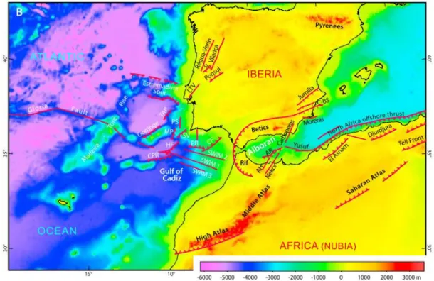 Figura 2.2: Configuração geológica da área em estudo com as falhas principais ou zonas de falha assinaladas a  vermelho