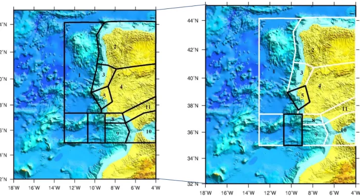 Figura 2.3: Zonas sismogénicas propostas para os Anexos Nacionais do Eurocódigo 8 (imagem da esquerda) e zonas  daí retiradas, contornadas a preto, para o presente trabalho (imagem da direita) (adaptado de Sousa e Oliveira, 1997)