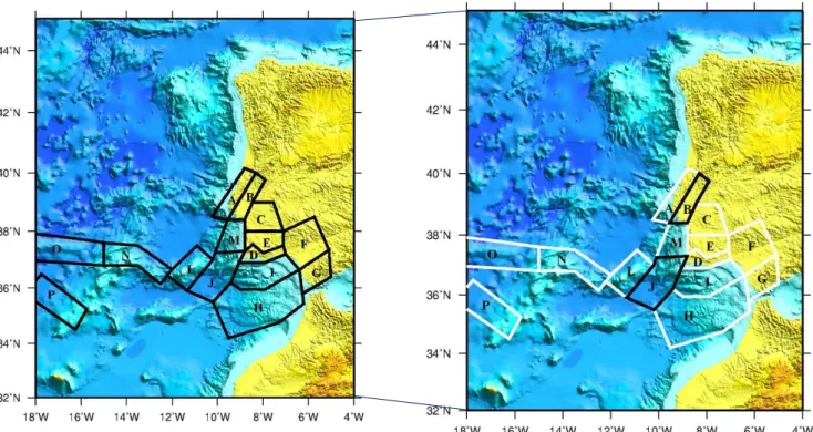 Figura 2.4: Zonas sismogénicas propostas para o estudo ERSTA (imagem da esquerda) e zonas daí retiradas, contornadas a  preto, para o presente trabalho (imagem da direita) (adaptado de Carrilho et al., 2010)