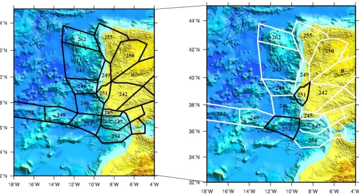 Figura 2.5: Zonas sismogénicas propostas para o estudo SHARE (imagem da esquerda) e zonas daí retiradas, contornadas a preto,  para o presente trabalho (imagem da direita) (adaptadas de Woessner et al., 2015)
