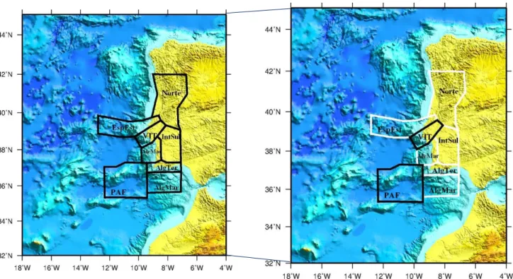 Figura 2.6: Definição das zonas sismogénicas para Portugal Continental, para o estudo QREN (imagem da esquerda) e zonas daí  retiradas, contornadas a preto, para o presente trabalho (imagem da direita) (adaptadas do relatório IE11/IE12/IE13: Definição de 
