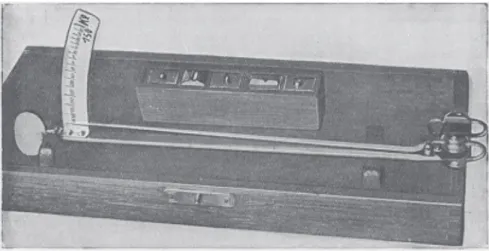 Fig. 2. Haber’s gnathodynamometer in box, together with „biting plate” for estimating the pressure of single teeth [4].