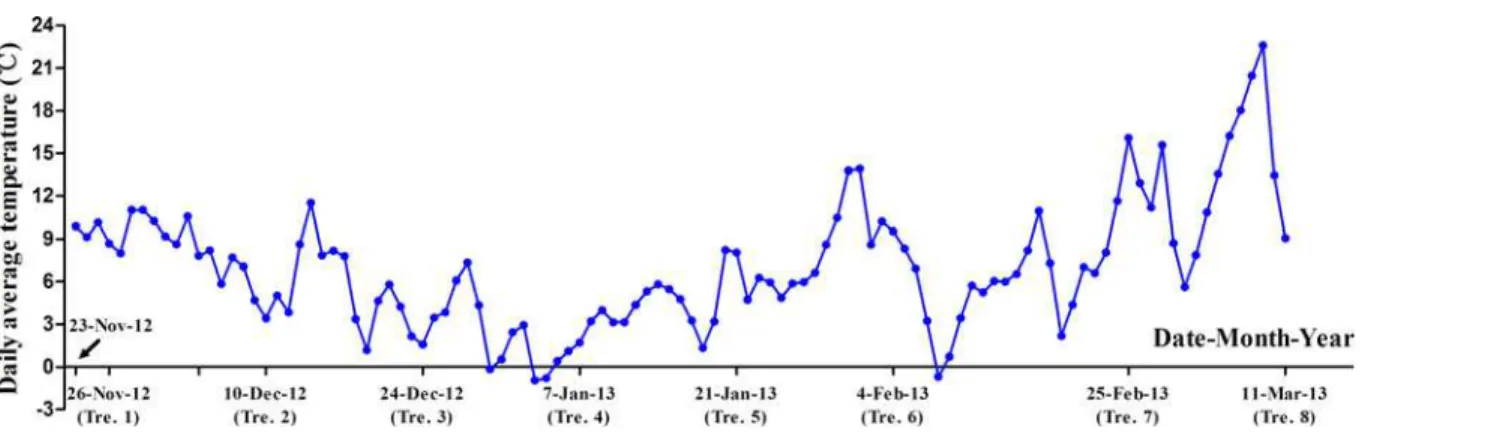 Fig 2. Change in the daily average temperatures (°C) in sampling base from November 23, 2012 to March 11, 2013.