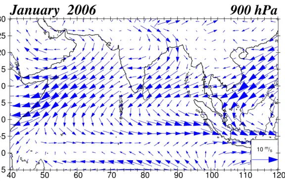 Fig. 7. Wind vector fields over southern Asia and eastern Europe at 900 hPa showing the typical NE monsoon flow during the wintertime, for the example of January 2006, calculated using data from the NCEP GFS analysis (further monthly figures corresponding 