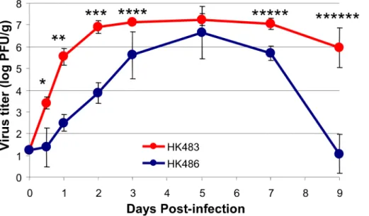 Figure 1. Virus replication kinetics in lungs of mice infected with H5N1 viruses HK483 or HK486