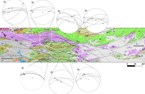 Figure 6. Structural map of the Kermanshah–Soleymanieh (KS) area. Stereographic projec- projec-tions show kinematics of the late strike-slip faults