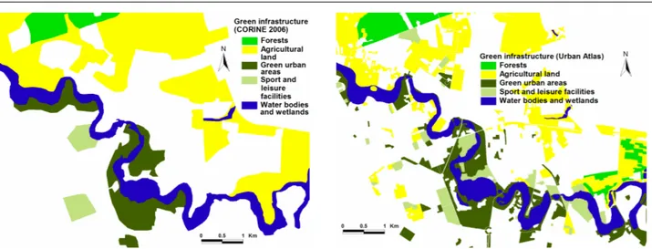 Fig. 2. View of the green infrastructure in a sample area from Bucharest, Romania using CORINE (left) and  the Urban Atlas (right) 