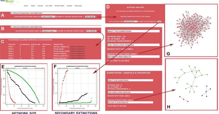 Figure 6. Outcome of random and ordered sequential perturbation on GNIC. Clicking section IV in Figure 3A enables users to simulate three distinct co-extinction curves, namely (A) specialist-first, (B) generalists first, and random cascades