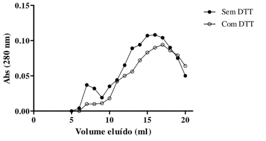 Figura 3.1.7.5 - Perfil de eluição da proteína a 280 nm, com e sem DTT 