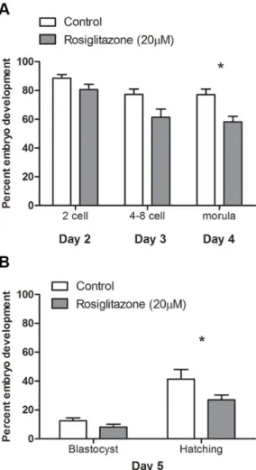 Figure 7. Rosiglitazone treatment during in vitro maturation of cumulus-oocyte complexes negatively affects oocyte  develop-mental competence